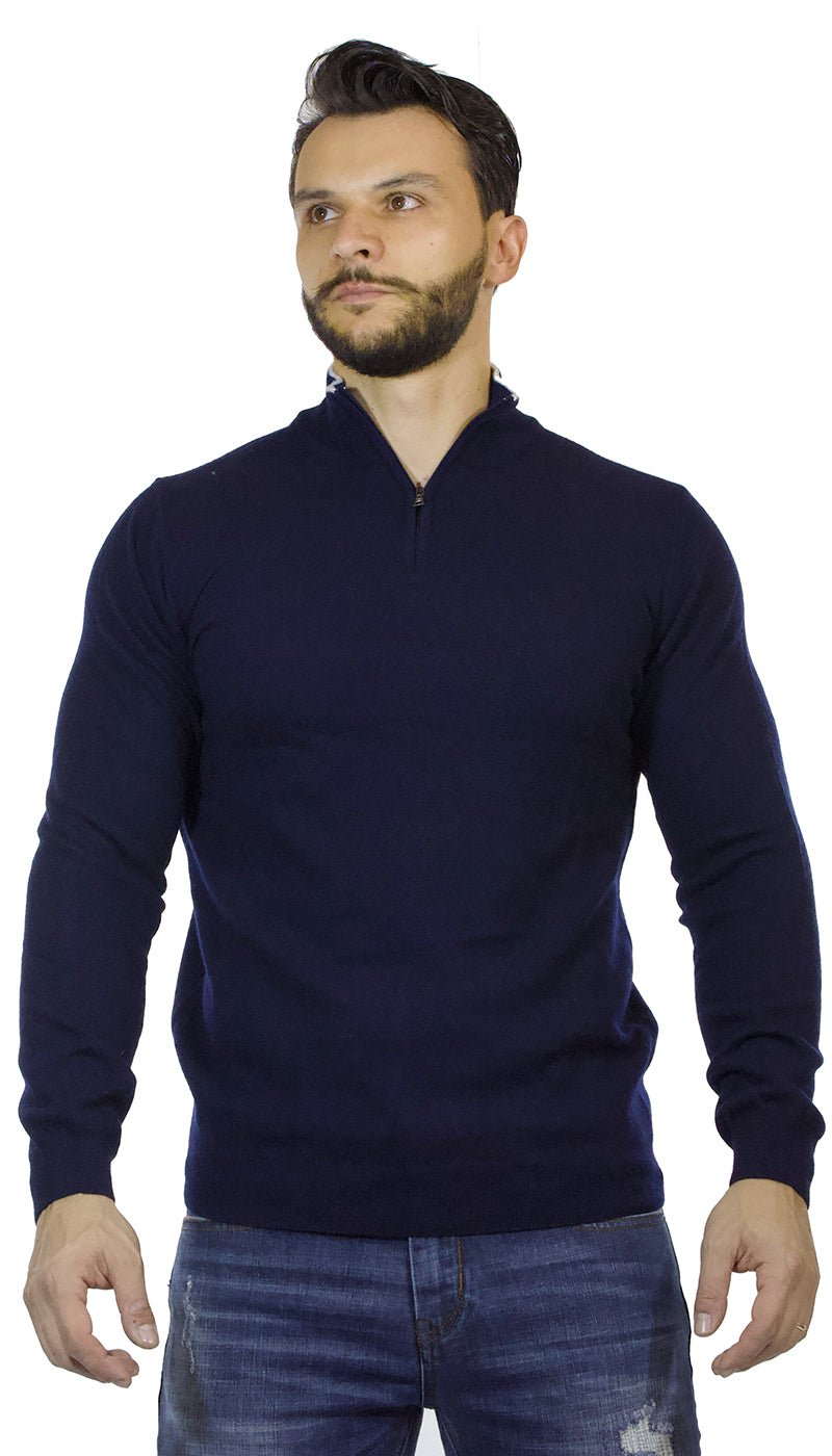 Seventy Maglia uomo in lana blu collo alto con zip