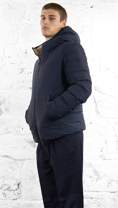 De Lamp Piumino con cappuccio in tessuto blu reversibile trapuntato Capispalla Uomo - Boutique Luisa Trendy