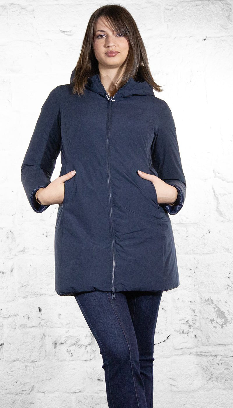 De Lamp Piumino lungo blu con cappuccio in tessuto reversibile trapuntato CW L863 Capispalla Donna - Boutique Luisa Trendy