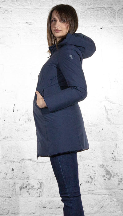 De Lamp Piumino lungo blu con cappuccio in tessuto reversibile trapuntato CW L863 Capispalla Donna - Boutique Luisa Trendy