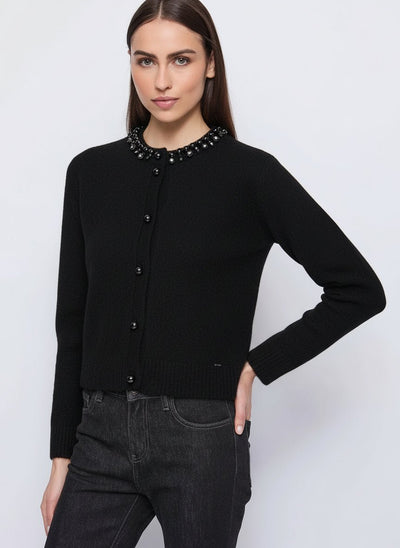 Gaudi Cardigan nero da donna con perle e strass Maglie e cardigan Donna - Boutique Luisa Trendy