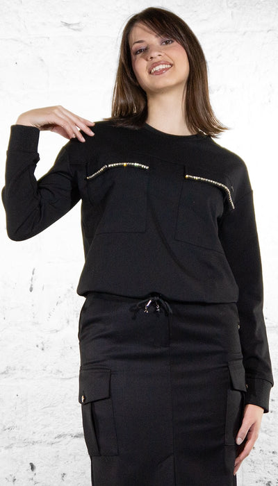 Gaudi Felpa nera con tasche di strass 521BD64010 Felpa - Boutique Luisa Trendy