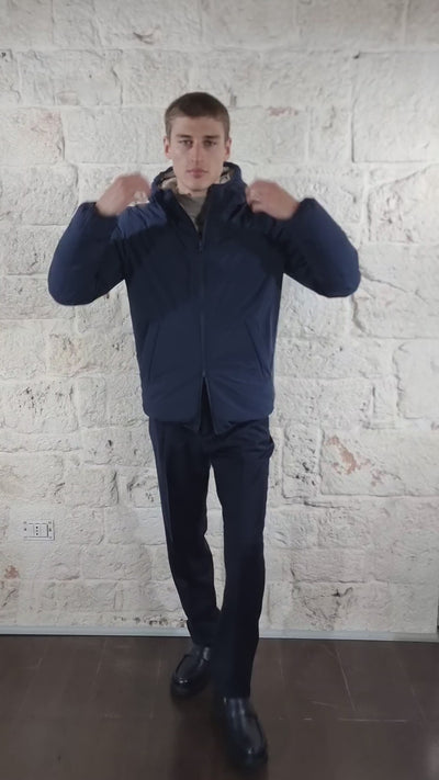 De Lamp Piumino con cappuccio in tessuto blu reversibile trapuntato