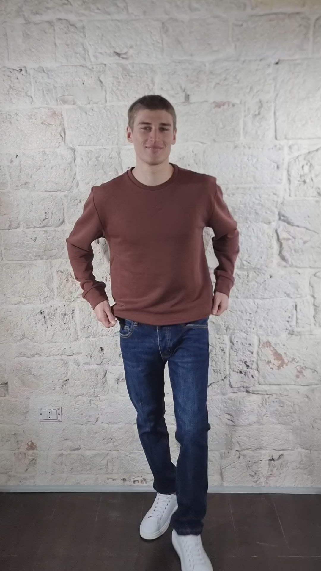 C'N'C Felpa girocollo marrone in cotone