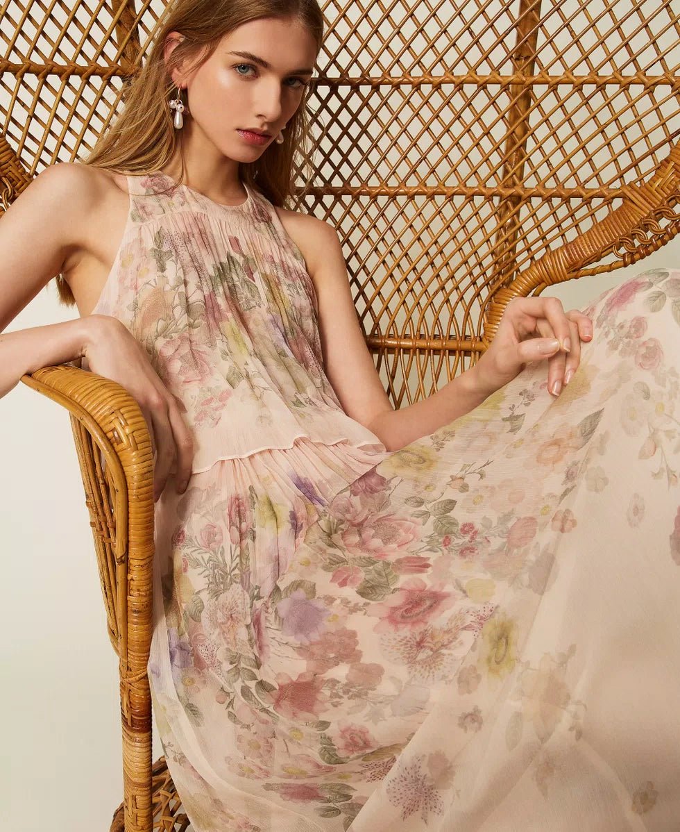 creponne twin set abito fiori Twinset Abito lungo in creponne a fiori – Boutique Luisa Trendy