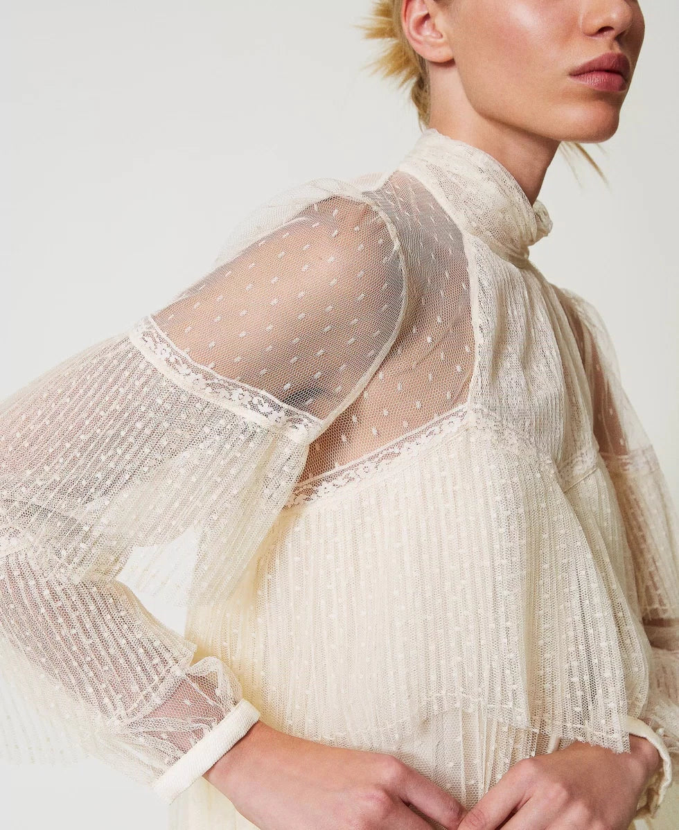 Twinset Blusa in tulle con balze plissé