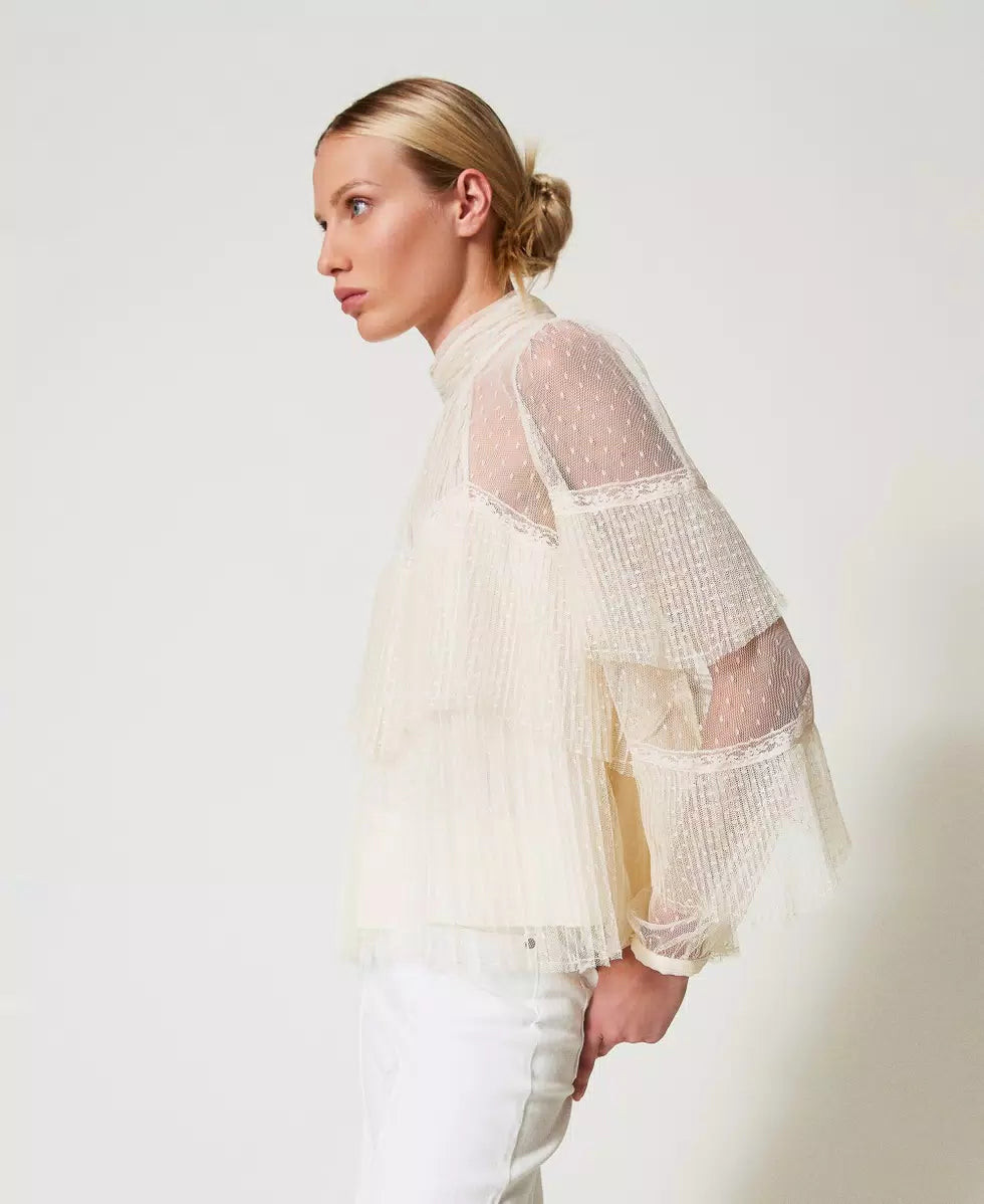 Twinset Blusa in tulle con balze plissé