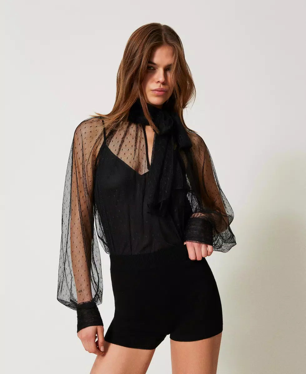 Twinset Blusa in tulle con collo a fusciacca