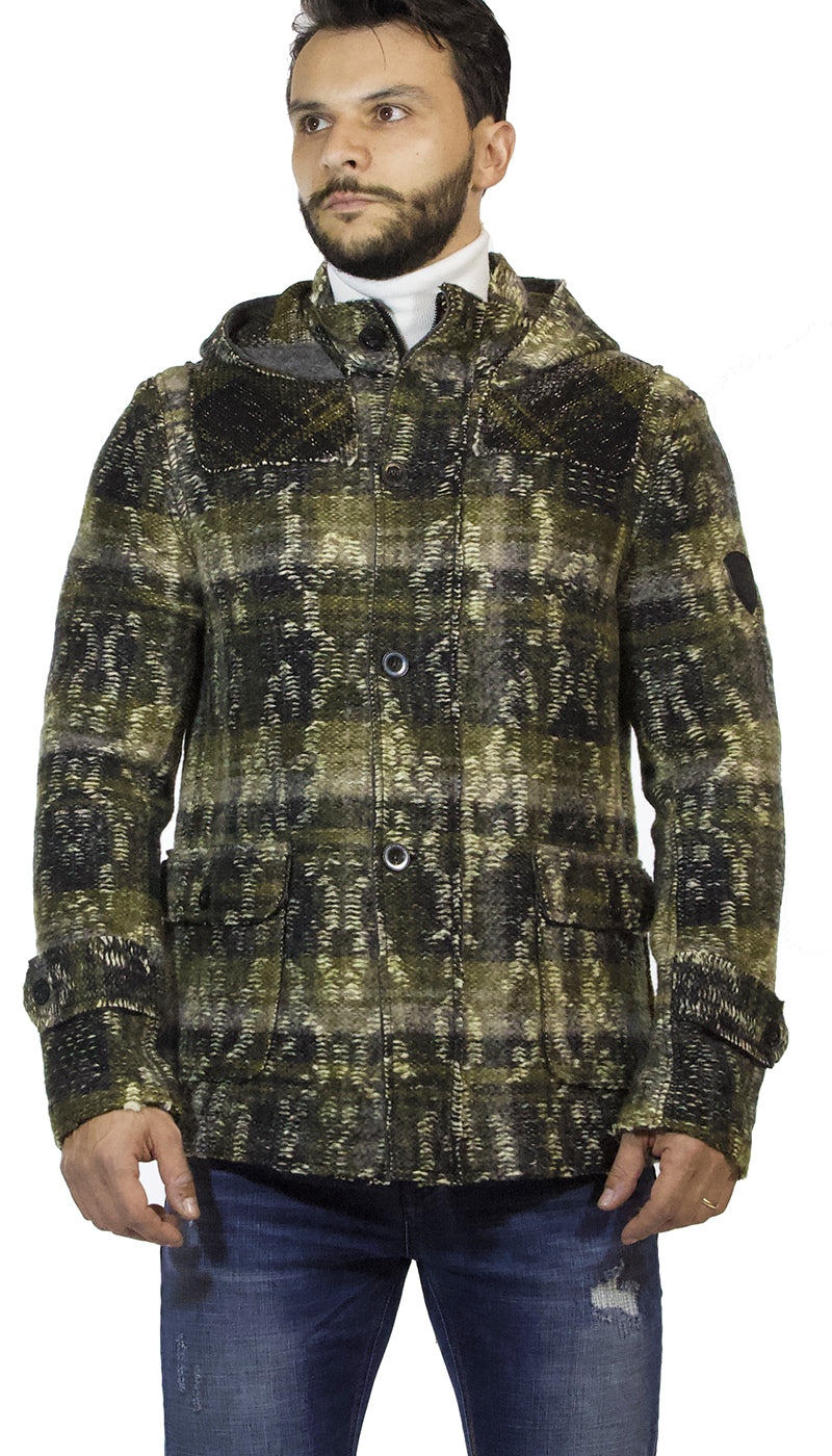 Cappotto uomo Gaudì verde con cappuccio in lana cotta motivo a tweed. - Luisa Trendy (5210896072839)
