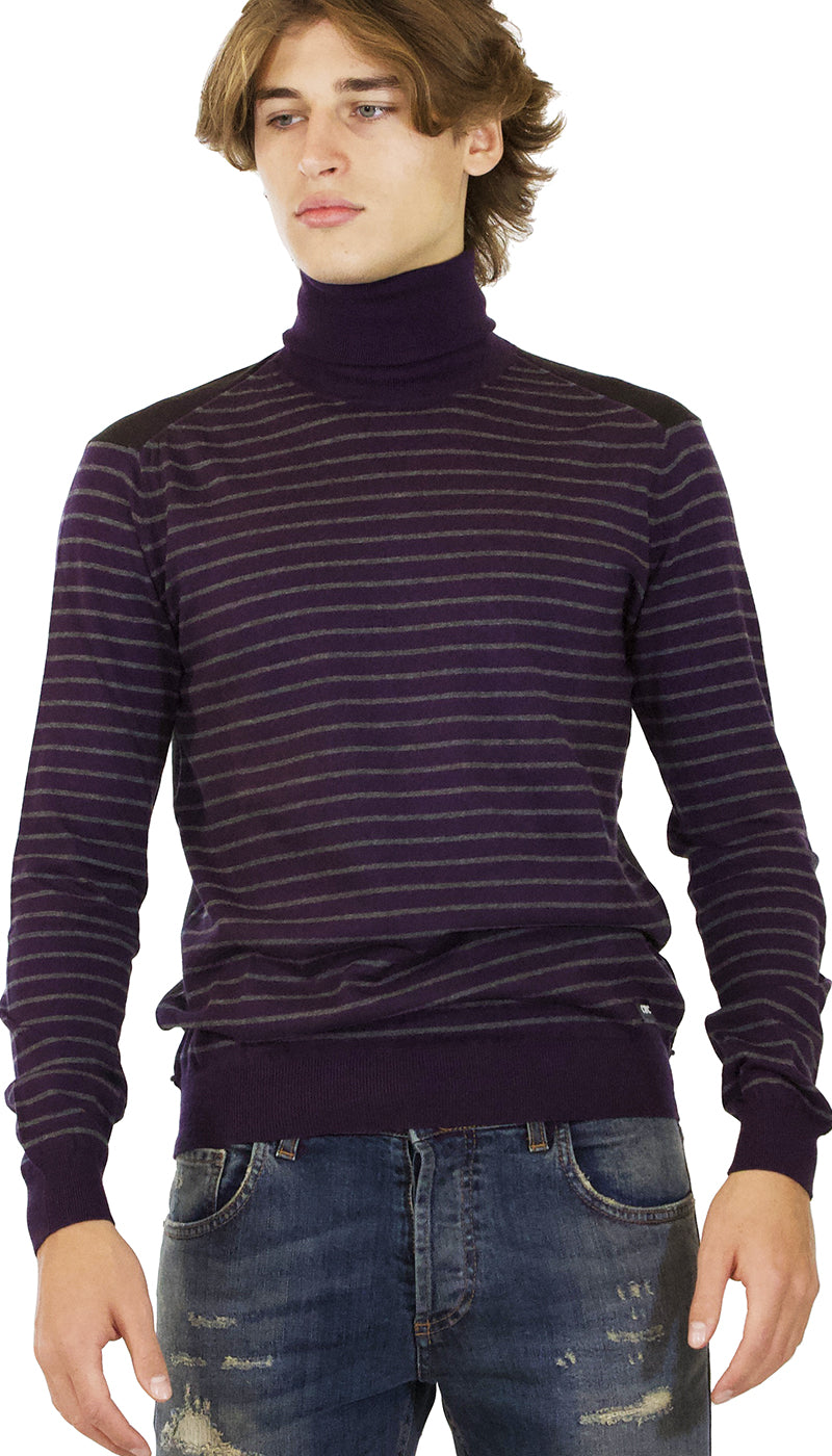 Maglia dolcevita uomo C'n'c in cotone e cashmere rigato vinaccio e grigio. - Luisa Trendy (5211006664839)