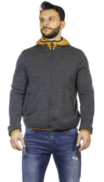 Maglia giacca uomo Seventy grigia in lana con zip e cappuccio in piuma marrone. CS1204 150204 - Luisa Trendy (5209994788999)