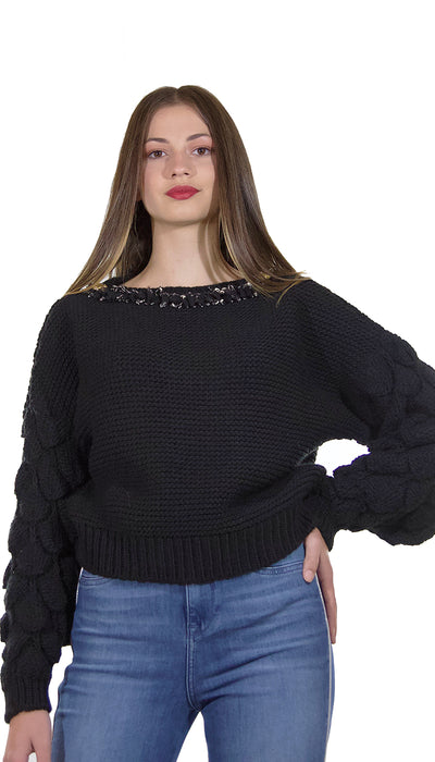 ODI ET AMO Maglia nera in lana con applicazione scollo. A053U1 (6631202029703)