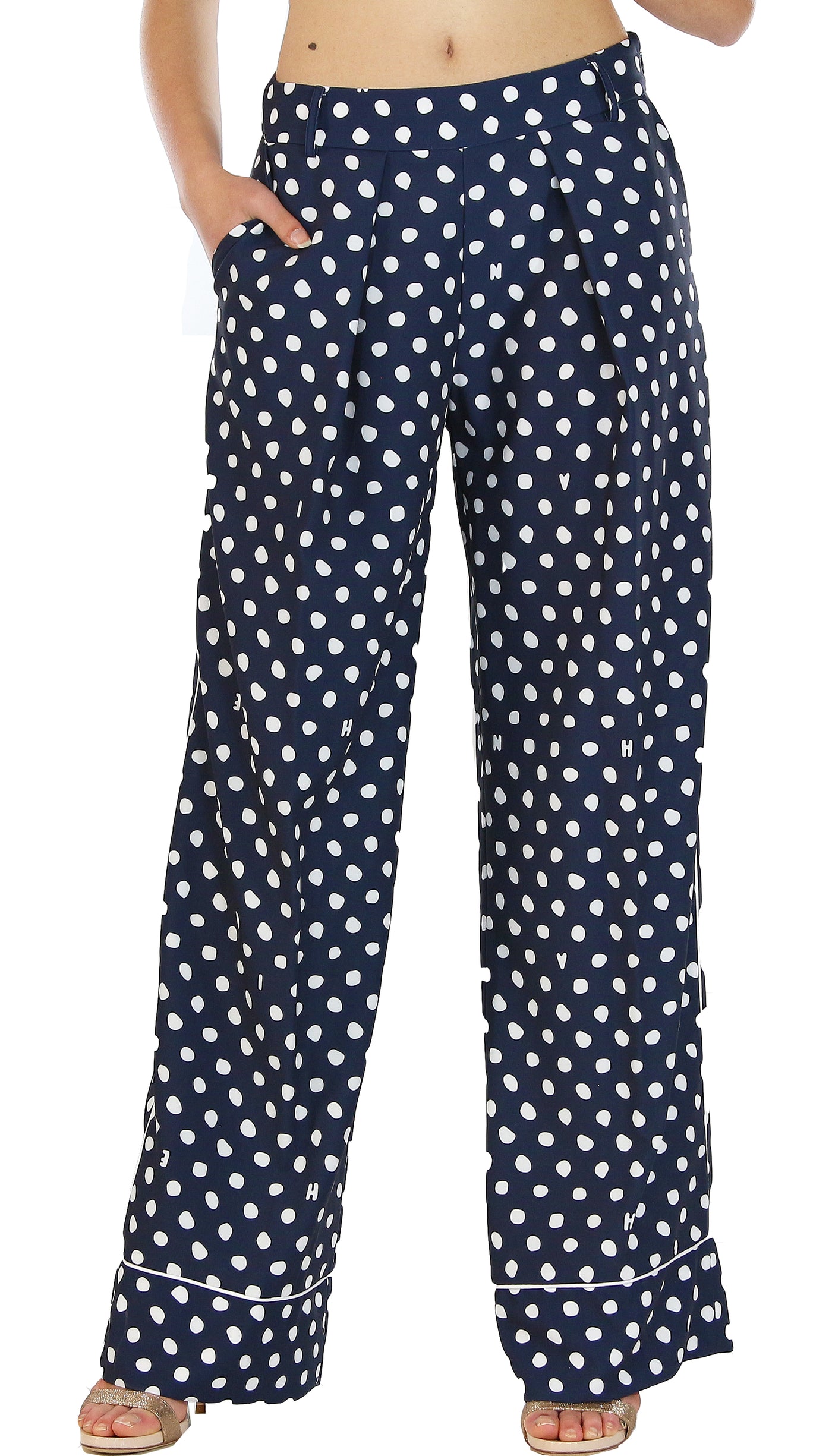 Silvian Heach Pantalone blu a palazzo con fantasia pois. (6659137044615)