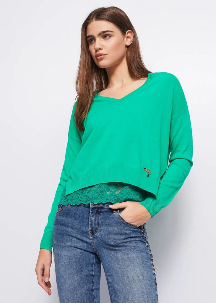 Gaudi Jeans donna Maglia in filo scollo a v con pizzo. 232 311BD53009 Boutique Luisa Trendy