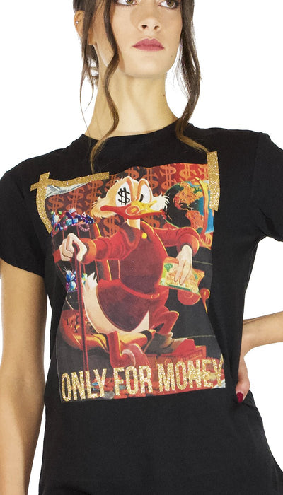 Gli Psicopatici T-shirt donna nera in cotone manica corta stampa Zio Paperone. T-Shirt e top - Boutique Luisa Trendy